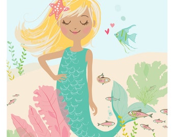 Mermaid Wall Art Blond Hair Mermaid, Nursery Art Decor for Girls
