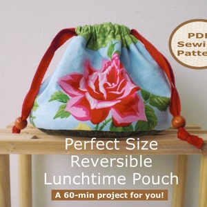 Easy Beginner Drawstring Pouch Bag Sewing Pattern And Tutorial Perfect Size Reversible Lunchtime Pouch image 1