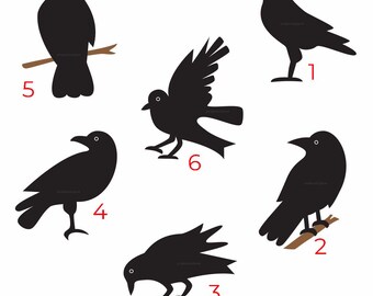 6 Black Birds Different Poses Template |Silhouette |Raw Edge Applique Design (PDF) | Digital Download
