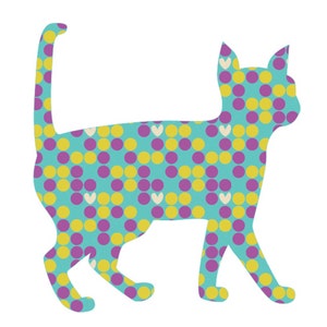 May include: A teal blue cat silhouette with a yellow and purple polka dot pattern. The polka dots have white hearts in the center.