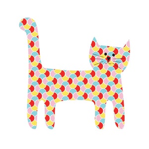 May include: A stylised illustration of a cat with a colourful pattern of red, yellow, blue and pink circles. The cat is standing on all four legs with its tail curled up.