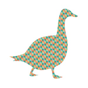 May include: A geometric pattern of teal, orange, and yellow triangles forms the shape of a goose. The goose is walking with its head held high.