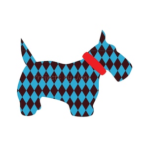 Puede incluir: Una silueta de perro azul y marrón con estampado que lleva un collar rojo. El perro está mirando hacia el lado derecho de la imagen.