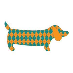 Könnte beinhalten: Eine Dackel-Silhouette mit einem Argyle-Muster in Teal und Orange.