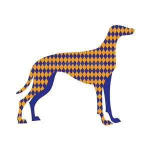 Op de afbeelding: Een gestileerde illustratie van een hond in staande positie. Het lichaam van de hond is bedekt met oranje en blauwe ruiten, terwijl de poten en kop blauw zijn. De achtergrond is wit.