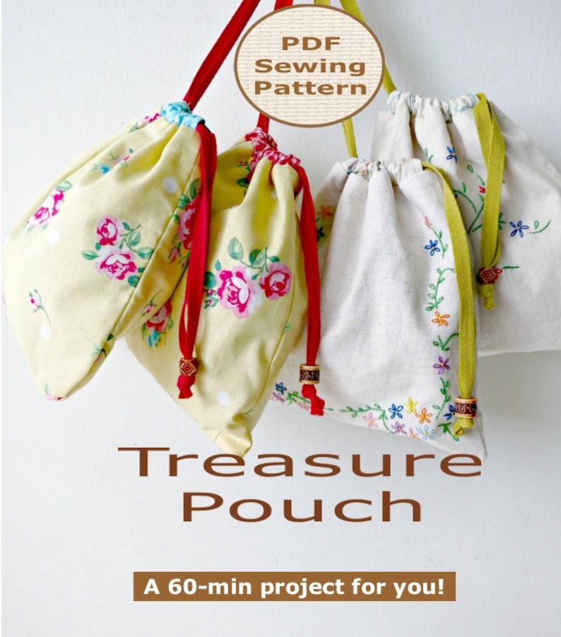 Easy Beginner Treasure Pouch PDF Bag Sewing Pattern Drawstring Pouch Pattern Embroidered Drawstring Pouch Pattern Bag Sewing Pattern image 2