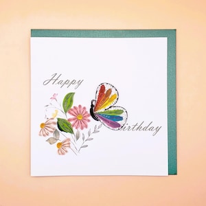 Happy Birthday Card - Butterfly & Flowers Quilling Card, Art paper, Greeting Card, Quilling Card, Craft cards, Handmade Quilled Card