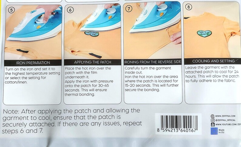 K&ouml;nnte beinhalten: Illustrierte Anleitung zum Aufb&uuml;geln eines Aufn&auml;hers auf einem gelben Kleidungsst&uuml;ck. Die Schritte werden mit einem B&uuml;geleisen gezeigt, einschlie&szlig;lich B&uuml;geleisenvorbereitung, Aufbringen des Aufn&auml;hers, B&uuml;geln von der R&uuml;ckseite und Abk&uuml;hlen. Der Text enth&auml;lt detaillierte Anweisungen.