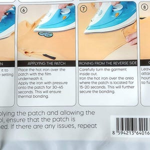 May include: An instructional guide for applying an iron-on patch, featuring four numbered steps with illustrations of a blue and white iron on a peach-colored garment. The text provides instructions for iron preparation, patch application, reverse ironing, and cooling.