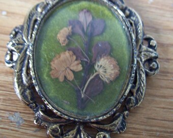 Vintage Genuine pressed flower in a brass frame,Floral brooch.