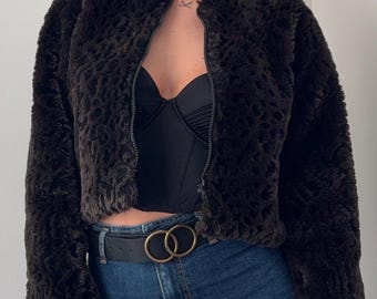 Vintage Faux Fur Bomber Jacket / Cropped fleece jacket / Leopard Print / Plush vintage jacket /  90s Style / Animal Print jacket
