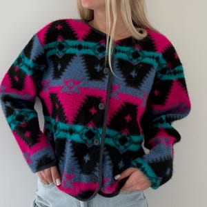 Vintage cardigan / by David Wayne / made in USA / 90s sweater / aztec print / soft and cozy cardigan/ acrylic fluffy sweater / size XS - M
