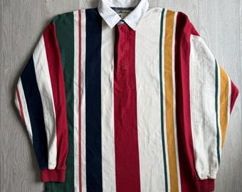Vintage 90s Eddie Bauer Multicolor Striped Polo Rugby Shirt - Mens