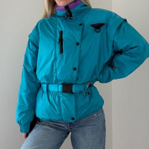 Vintage 80s Mountain Goat ski jacket / belted puffer / turquoise purple nylon / retro snow coat / made in Taiwan / size M / 80s winter look