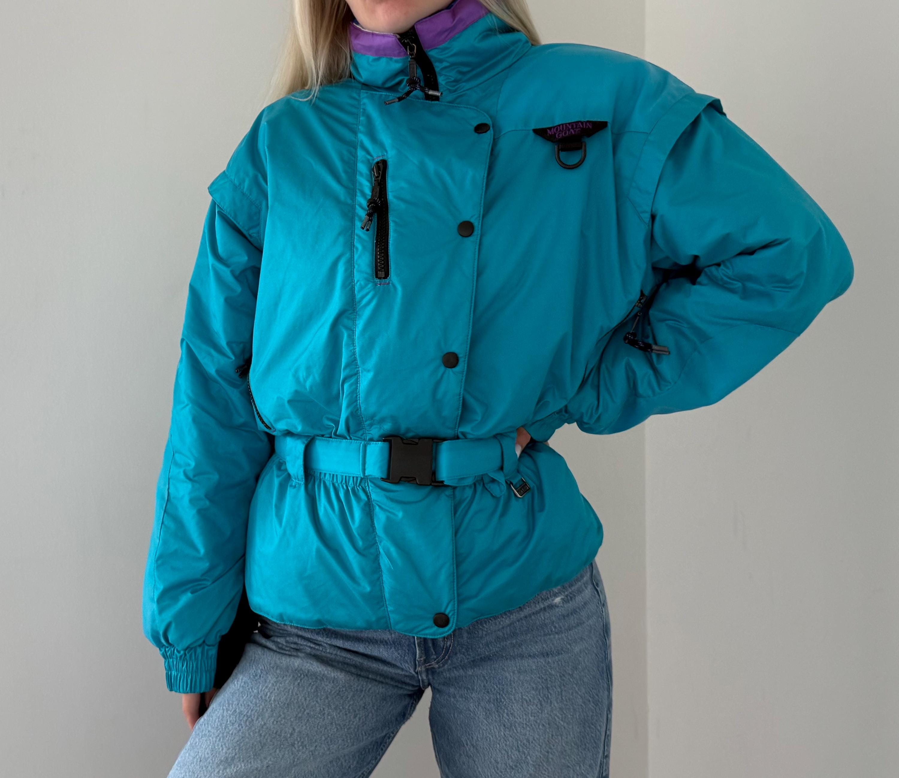Vintage 80s Mountain Goat ski jacket / belted puffer / turquoise purple nylon / retro snow coat / made in Taiwan / size M / 80s winter look