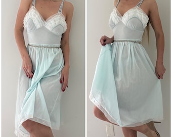 Vintage 1950s Gotham Gold Stripe Nightgown / Blue Pastel Slip Dress Sheer Nylon Lingerie Pin Up Size S-M / Vintage nightgown / vintage slip