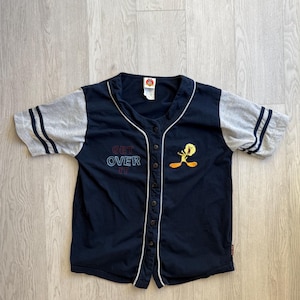 Vintage 2002 Tweety-bird baseball-stijl T-shirt / Looney Tunes marinegrijs T-shirt / Cartoon graphic T-shirt / maat M / Warner Bros Vintage jersey
