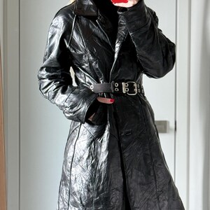 Vintage Black Leather Coat / Genuine Leather Long Coat / Men’s Style Minimalist Classic Oversized Leather Trench Coat / Size L / Fits all image 4