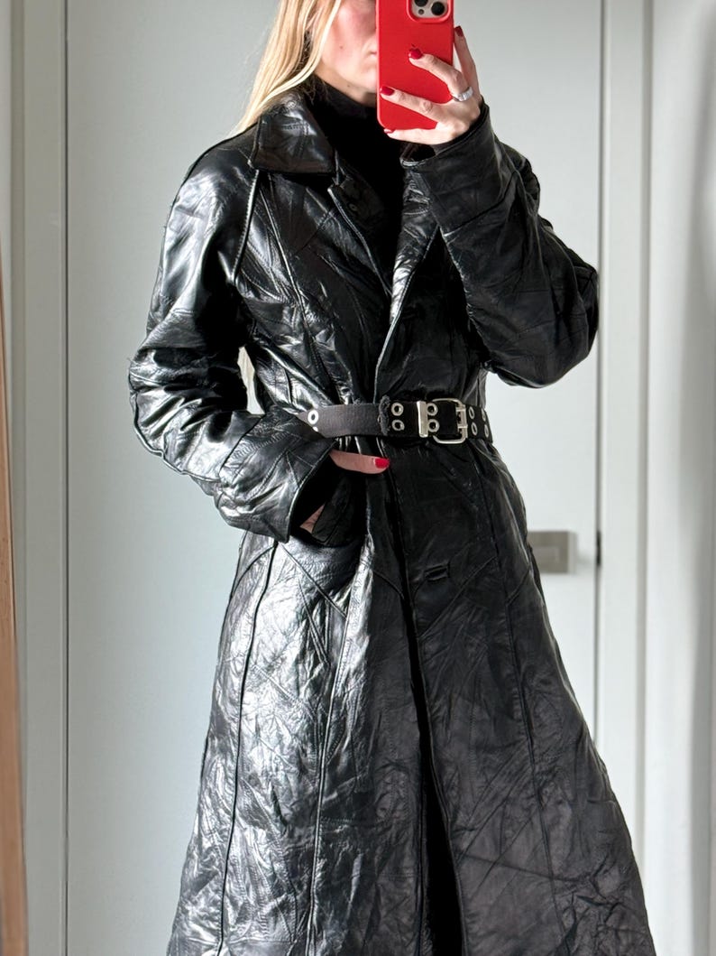 Vintage Black Leather Coat / Genuine Leather Long Coat / Men’s Style Minimalist Classic Oversized Leather Trench Coat / Size L / Fits all image 4