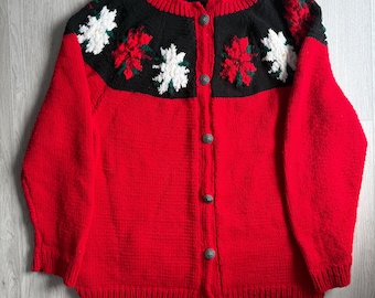 Cárdigan vintage extragrande / Cárdigan rojo vintage de talla grande con bordado de flor de pascua / Suéter acrílico / Tallas XXL - 3XL / Suéter de los años 80