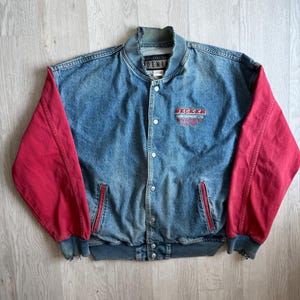 Vintage Denim Varsity Jacket Becker Farm Equipment 66th Anniversary 90s Jean Jacket Red Sleeves Made in Canada Size L