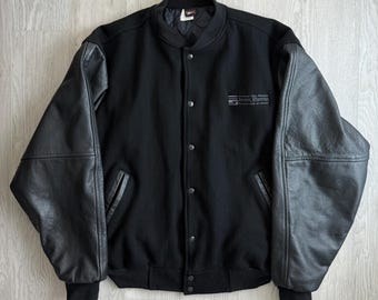 Vintage Union Line XXL Black Varsity Jacket / Leather Sleeves Wool Body / Sewer District Logo / Made in USA / Total black / Quilted Lining