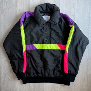 Vintage 80s Black Neon Colorblock Ski Jacket / Dilrani Designs Thinsulate Puffer / Retro Winter Outerwear / Size 42 L Oversized
