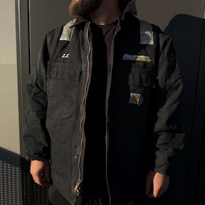 Vintage Carhartt Work Jacket X-Large Union Made USA Black Quilt Lined Reflective Patches Equipment Express Ontario Heavy Duty Coat