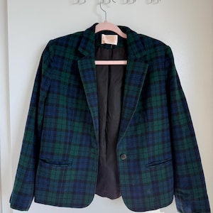 Vintage cropped blazer Pendleton / Made in USA / Zuivere scheerwol / Groene marineblauwe plaid / Klassieke preppy stijl / XS-S / vintage blazer / wol