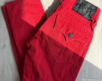 True Religion Red Skinny Jeans / Bright Red Denim Pants / Y2K Streetwear / Size 28 Waist / Low Rise Skinny Fit / Designer Jeans Women