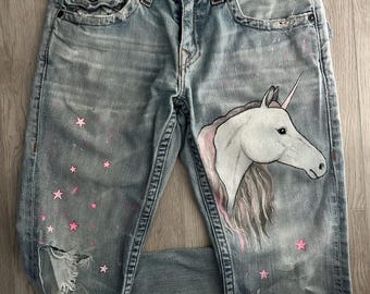 ヴィンテージ ハンドペイント トゥルー レリジョン ジーンズ / ユニコーン アート / ダメージ加工 ボーイフレンド ジーンズ / Y2K / ローライズ / アメリカ製