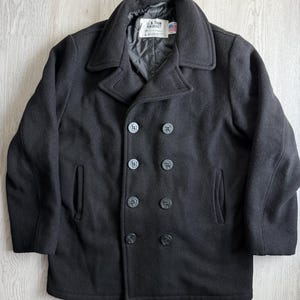 Vintage Schott NYC US 740N Pea Coat Black Wool Jacket Size 42 / Made in USA / Double Breasted Navy Style Classic Overcoat