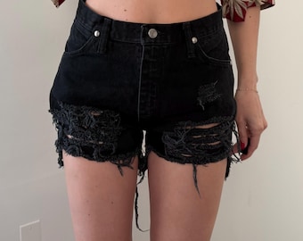 Vintage Wrangler Distressed Black Denim Shorts Waist 29" (74 cm) High-Rise Cut-Offs / Heavy Fraying / Grunge Y2K Aesthetic / Made in Mexico