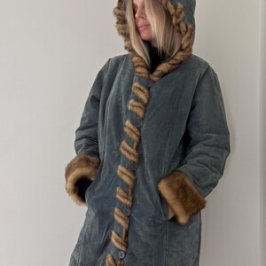 Vintage suede coat / faux fur parka / real leather suede parka coat / by Dennis Basso / womens blue coat / faux fur lining / Size M-L