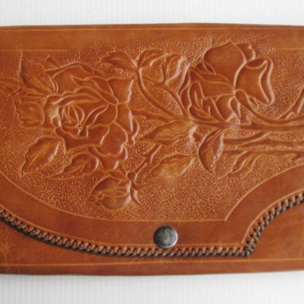 Vintage hand-tooled leather bag 1940s/50s flower theme with lucite dangle