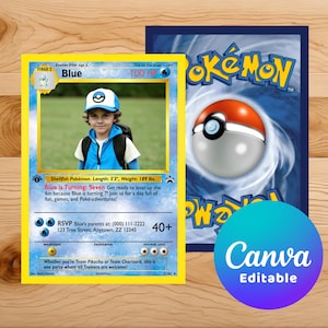 Puede incluir: Una tarjeta Pokémon personalizada con una foto de un niño con ropa azul y una gorra. La tarjeta tiene un borde amarillo y el nombre "Blue". Una segunda tarjeta con un diseño de Pokéball es visible. El logotipo de Canva está en la parte inferior derecha. El niño mide 160 cm y pesa 86 kg.
