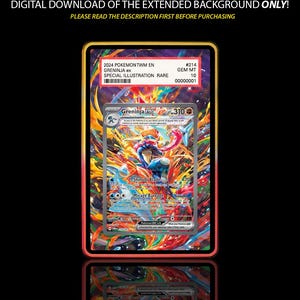 Könnte beinhalten: Ein digitaler Download eines erweiterten Hintergrunds für eine 2024 Pokemon TWM EN Greninja ex #214 Gem Mt 10 Sammelkarte. Der Hintergrund zeigt ein lebendiges, mehrfarbiges abstraktes Spritzer-Design, das die zentrale Kartenillustration umgibt.
