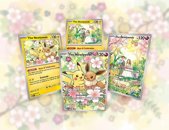 pokemon 20 year anniversary cards Custom Pokemon Card Wedding Favors - Personalized Pikachu & Eevee Gift
