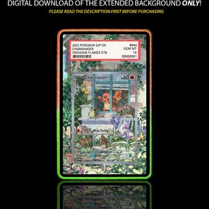 Op de afbeelding: Een digitale download van een uitgebreide achtergrond voor een Pokémon-kaart. De kaart toont een Charmander-illustratie met de tekst "Heat Tackle". De tekst "CARD/SLAB/CASE NOT INCLUDED" staat bovenaan.