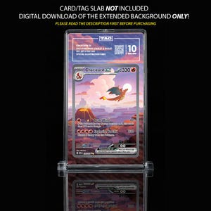 May include: A graded Charizard EX Pokémon card, featuring a vibrant illustration of the fire-type character against a sunset landscape. The card is encased in a clear protective holder, with text indicating it's from the Scarlet & Violet 151 set.
