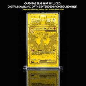 May include: A gold-colored trading card featuring a dragon illustration, encased in a clear holder. The card has text including "Mega Charizard X ex" and "Inferno X". The holder is displayed on a clear stand against a black background.