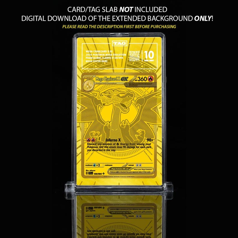 May include: A gold-colored trading card featuring a dragon illustration, encased in a clear holder. The card has text including "Mega Charizard X ex" and "Inferno X". The holder is displayed on a clear stand against a black background.