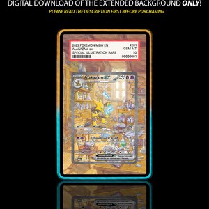 Può includere: Una carta collezionabile di Pokémon con Alakazam ex, un'illustrazione rara speciale. La carta è valutata GEM MT 10 e include il testo "2023 Pokemon Mew EN". L'immagine include anche il testo "CARD/SLAB/CASE NOT INCLUDED" e "DIGITAL DOWNLOAD OF THE EXTENDED BACKGROUND ONLY!"