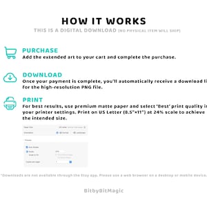 May include: White graphic with the text "HOW IT WORKS" and instructions for a digital download. Includes steps for purchase, download, and print, with a printer setting recommendation for US Letter size paper (8.5"x11") at 24% scale.