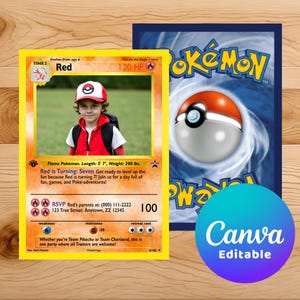May include: A custom Pokémon card featuring a child in a red and white hat and vest. The card is yellow with the name "Red" and the text "Red is Turning: Seven." A blue Pokémon card and a Canva logo are also visible.