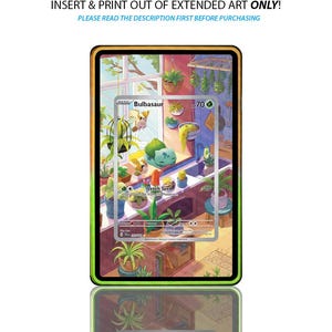 May include: A framed artwork featuring a Bulbasaur Pokémon card with a Leech Seed attack, set against a vibrant illustration of a room filled with plants. The text on the card reads "Bulbasaur" and "Leech Seed". The frame has a green and orange border. Text at the top says "CARD/CASE NOT INCLUDED".