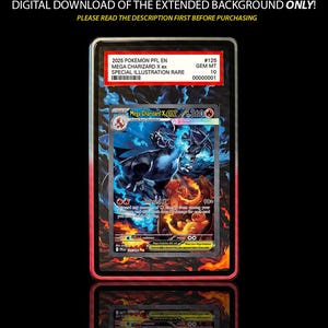 Puede incluir: Una carta coleccionable de Pokémon con Mega Charizard X ex, una ilustración rara especial. La carta está dentro de una funda protectora con borde rojo. El texto incluye "2025 Pokemon PFL EN" y "GEM MT 10".
