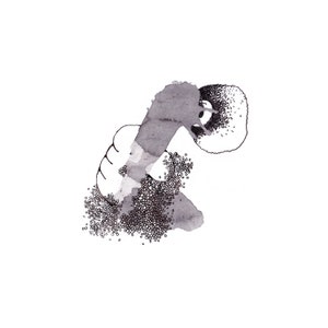 May include: A black and white abstract ink painting with a textured, splattered effect. The painting features a large, rounded shape with smaller, circular shapes scattered around it.