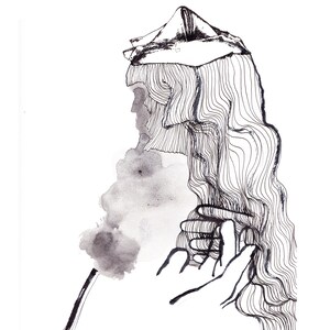 May include: Black and white line drawing of a person with long hair, wearing a hat. The drawing is done in a minimalist style and has a soft, ethereal feel.