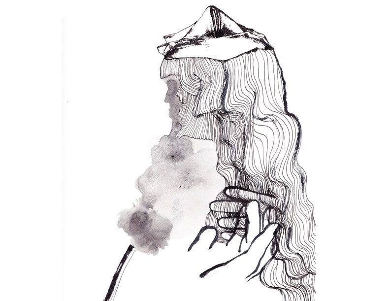 May include: Black and white line drawing of a person with long hair, wearing a hat. The drawing is done in a minimalist style and has a soft, ethereal feel.